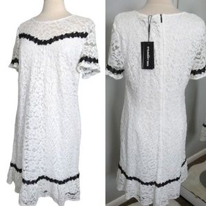 Karl Lagerfeld White Lace Shift Dress Black trim Size 14 NWT Wedding Cocktail